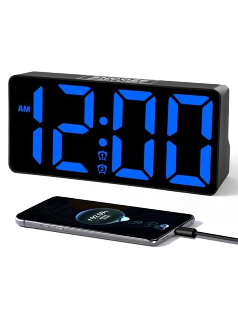 Digital Dual Alarm Clock LED Large Display USB C Charger Dimmer Night Light